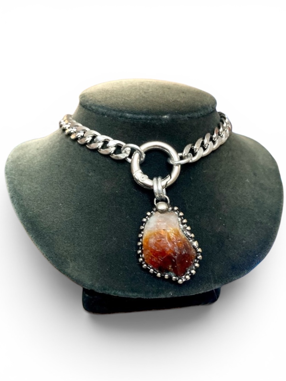 Genuine raw citrine crystal on cuban chain choker silver necklace